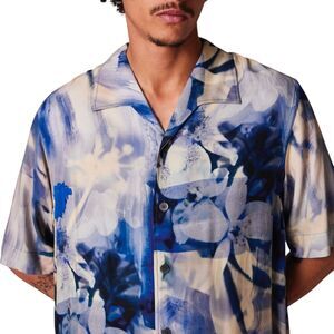 Paul Smith Men's Oversized Blue Painted Photograph Viscose Shirt Large